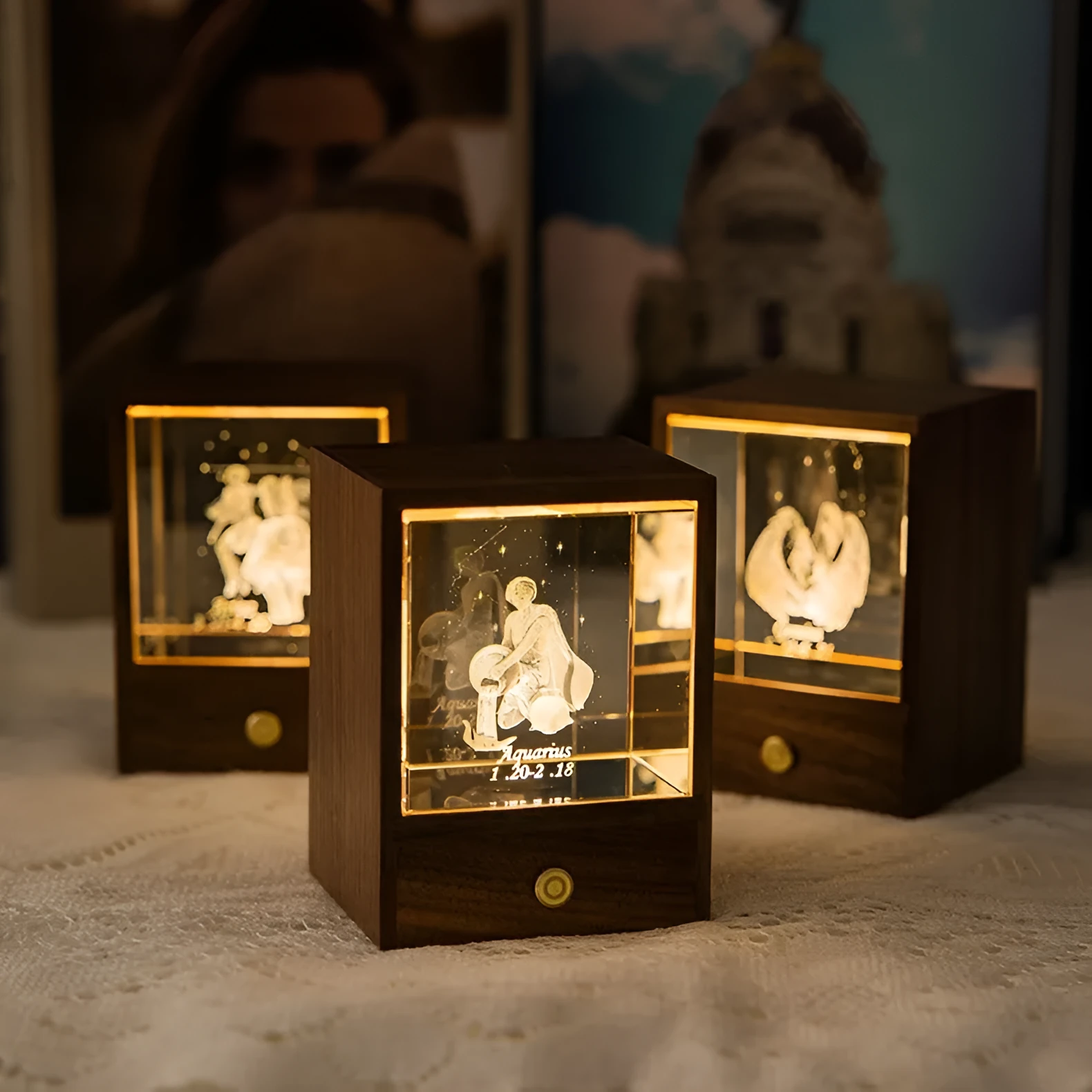 Crystal LED table lamp with black walnut base and K9 crystal showing constellation night light effect