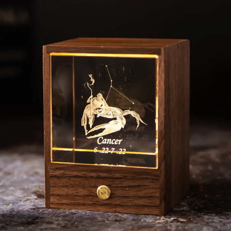 Crystal LED table lamp with black walnut base and K9 crystal showing constellation night light effect