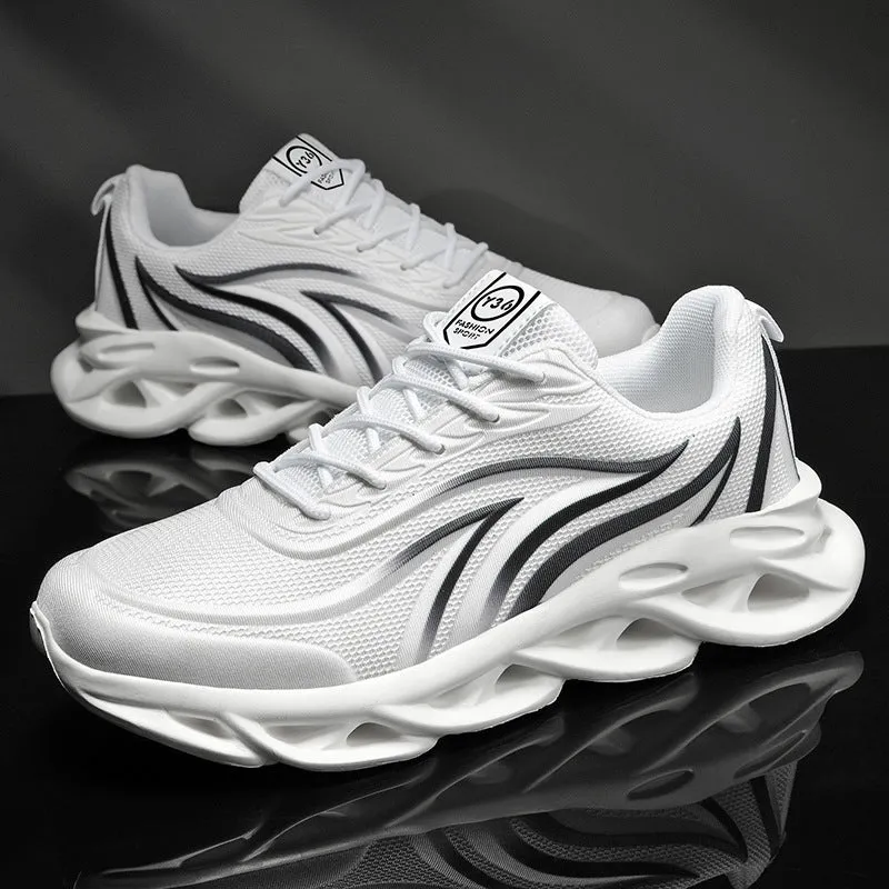 Men's Korean style mesh casual running shoes with carved wing pattern, round toe, foam sole, black and white colour