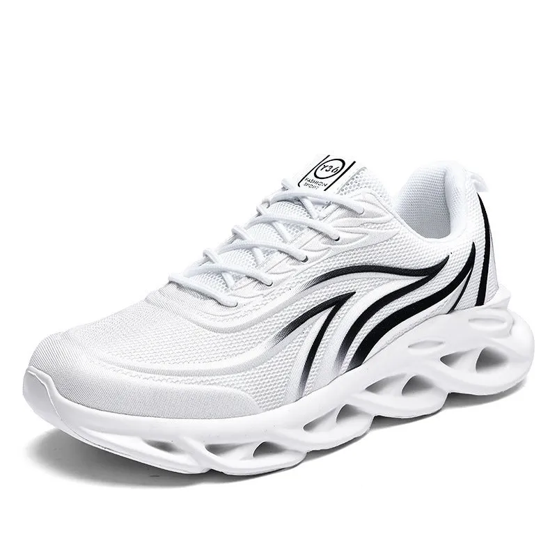 Men's Korean style mesh casual running shoes with carved wing pattern, round toe, foam sole, black and white colour