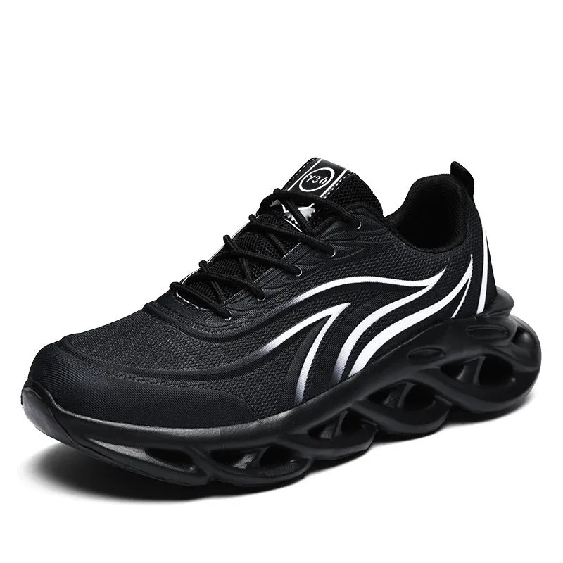 Men's Korean style mesh casual running shoes with carved wing pattern, round toe, foam sole, black and white colour