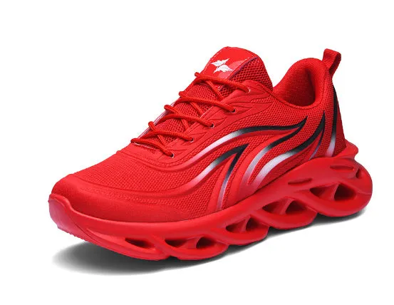Men's Korean style mesh casual running shoes with carved wing pattern, round toe, foam sole, black and white colour