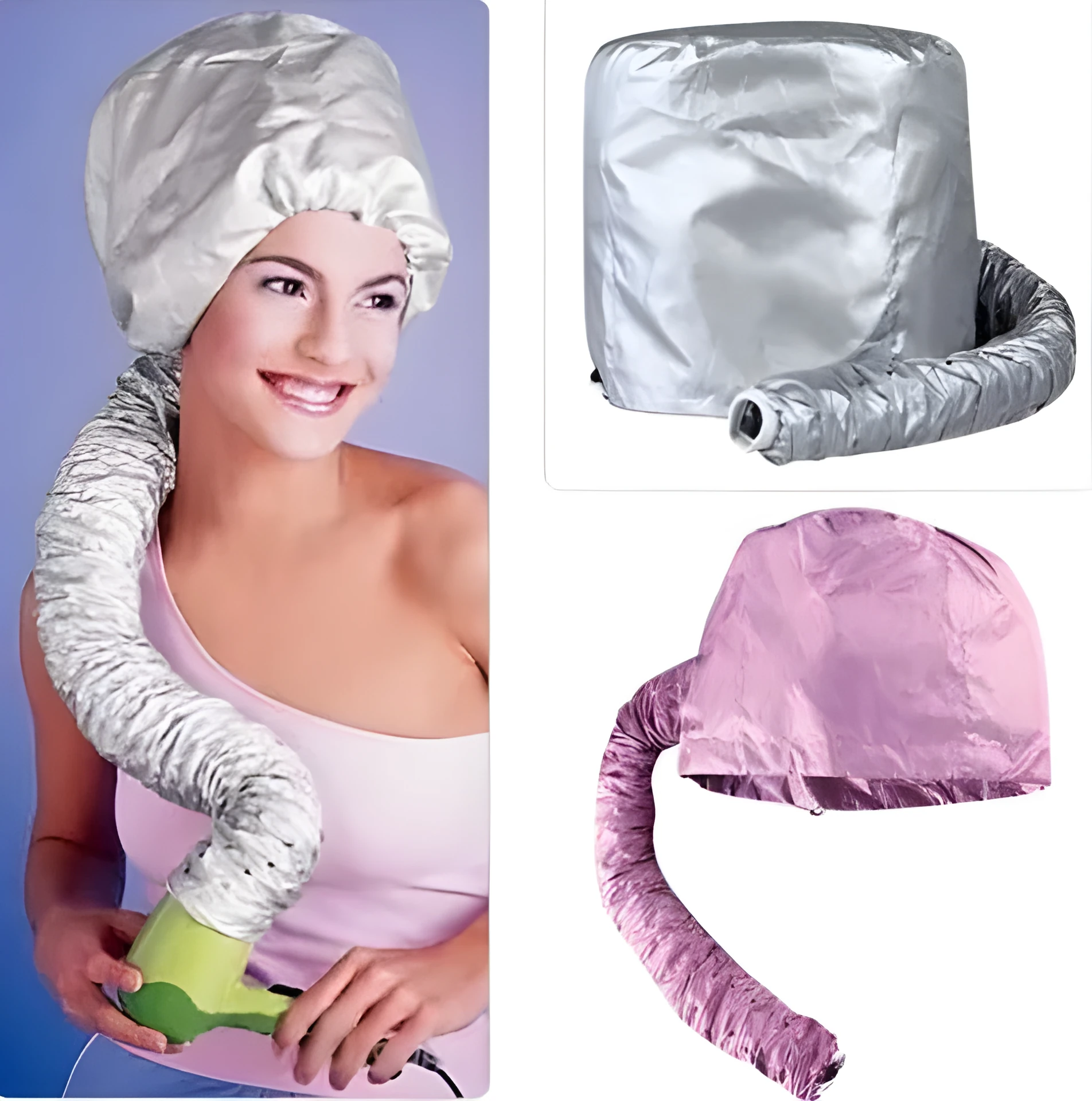 Pink hair dryer bonnet hood attachment with elastic tube and drawstring cord