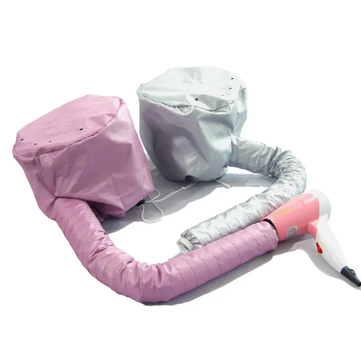 Pink hair dryer bonnet hood attachment with elastic tube and drawstring cord