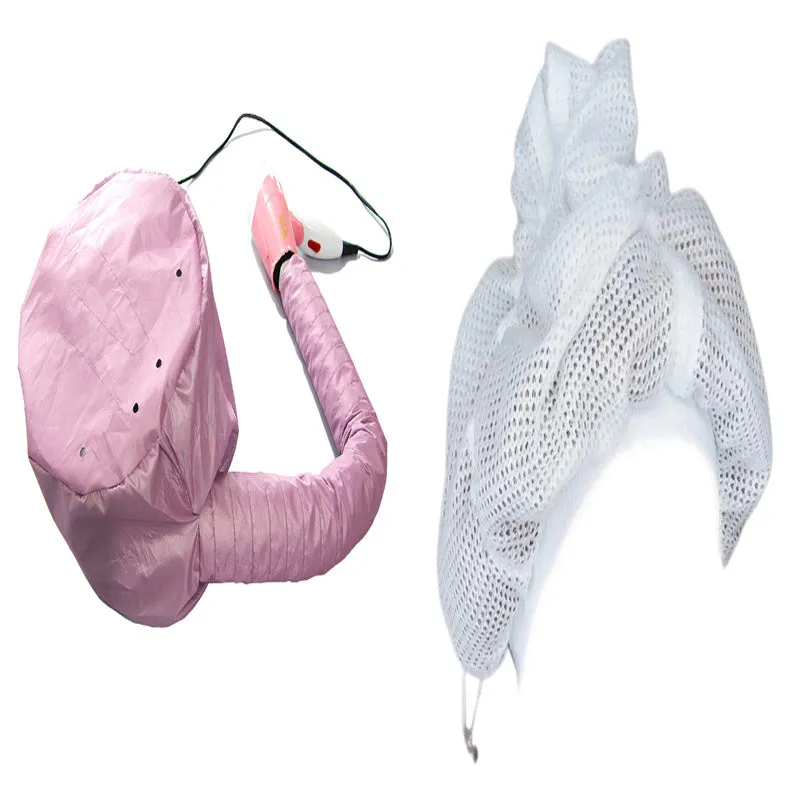 Pink hair dryer bonnet hood attachment with elastic tube and drawstring cord