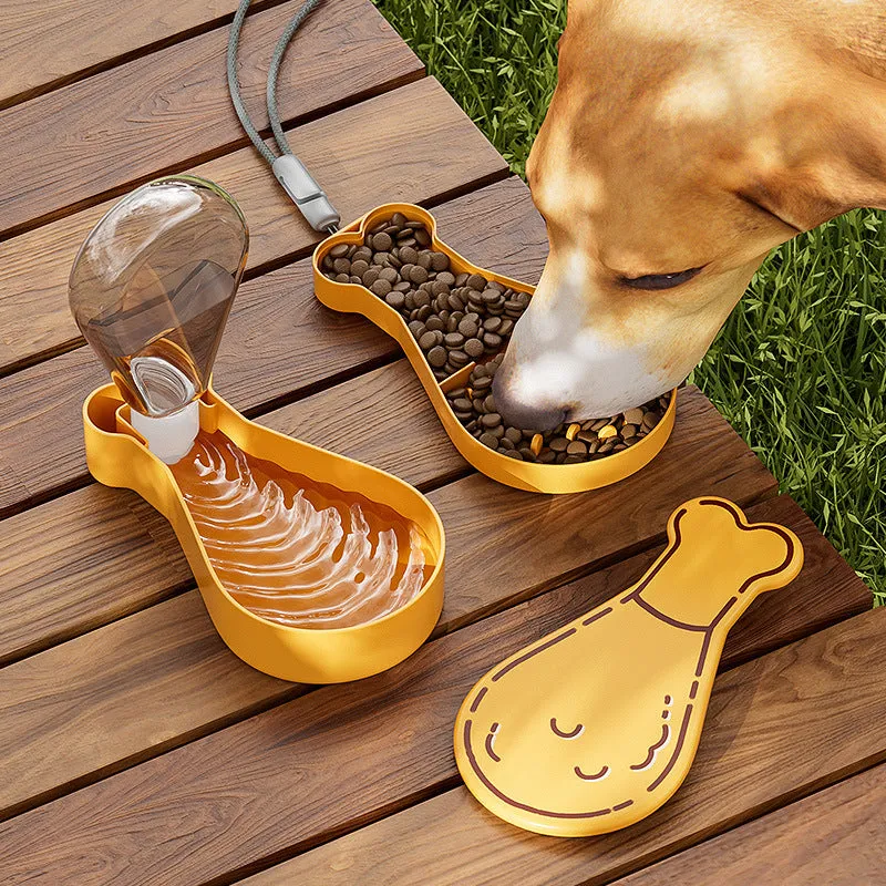 Orange and white portable pet water bottle with attached food container for dogs and cats
