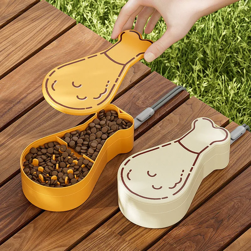 Orange and white portable pet water bottle with attached food container for dogs and cats