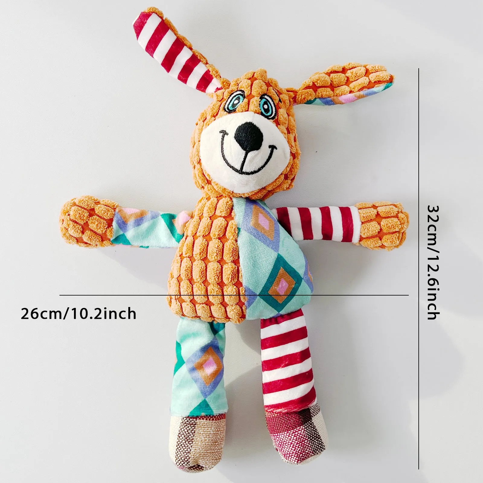 Plush squeaky dog toy in collision colour for small and large dogs, bite-resistant fabric