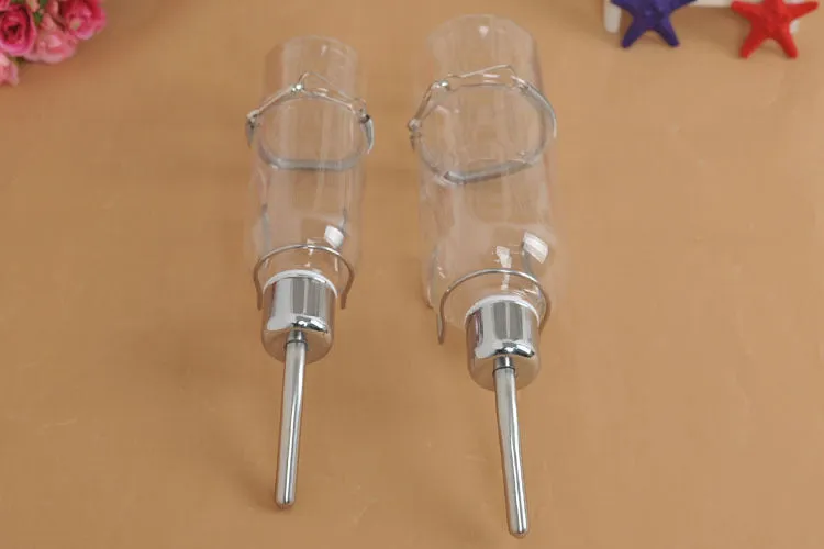 Transparent hanging water feeder bottle for small pets with stainless steel faucet, 180ml and 350ml capacities