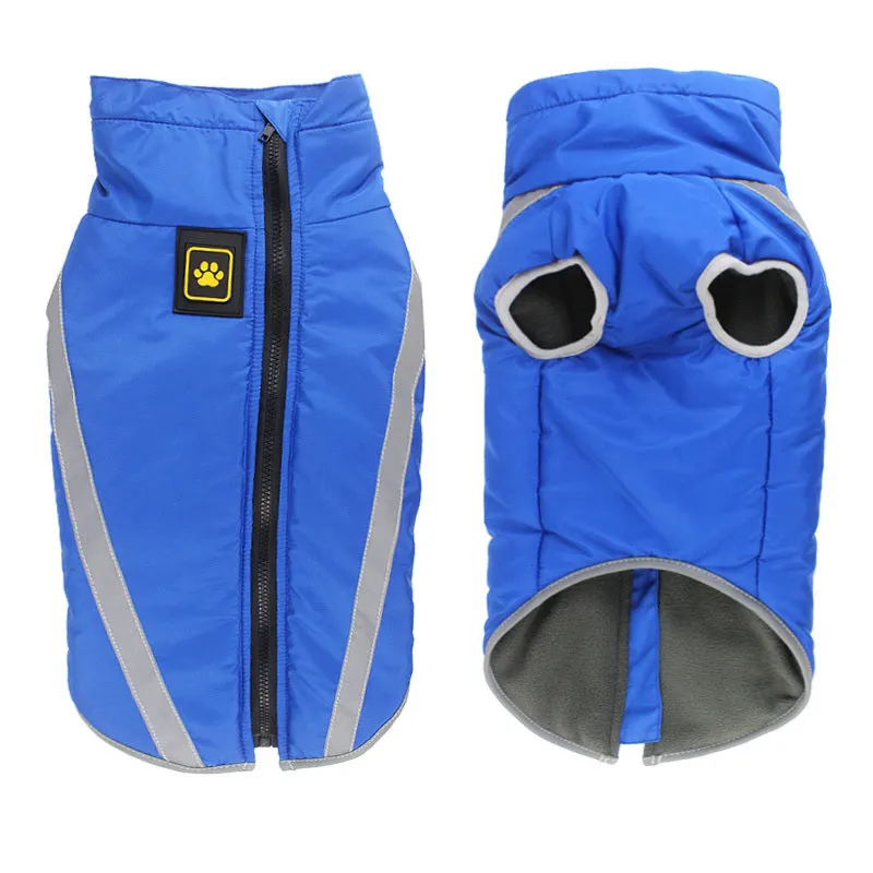 Thickened reversible polar fleece dog coat in blue for small to large dogs with windproof polyester shell