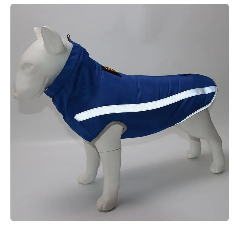 Thickened reversible polar fleece dog coat in blue for small to large dogs with windproof polyester shell
