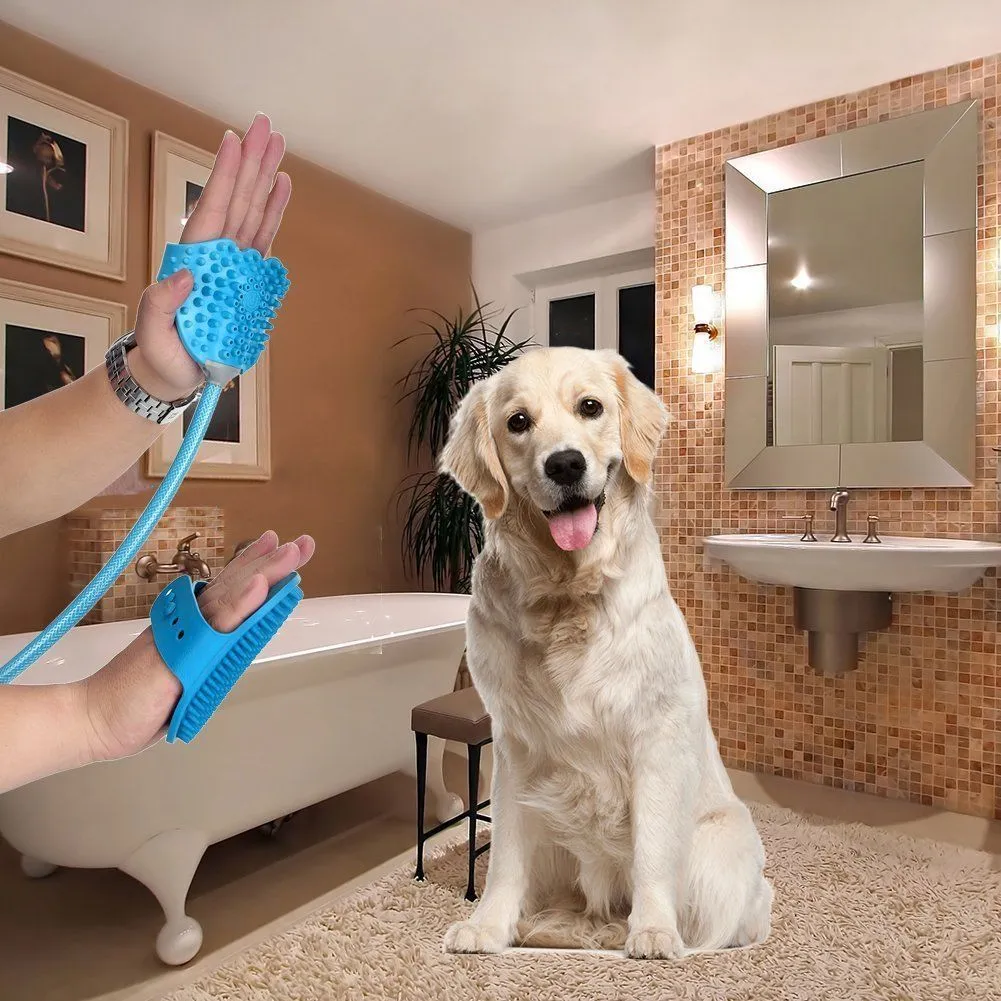 Blue pet bathing massage gloves with one-handed control, 2.5m PVC hose, and adapters for shower or garden hose