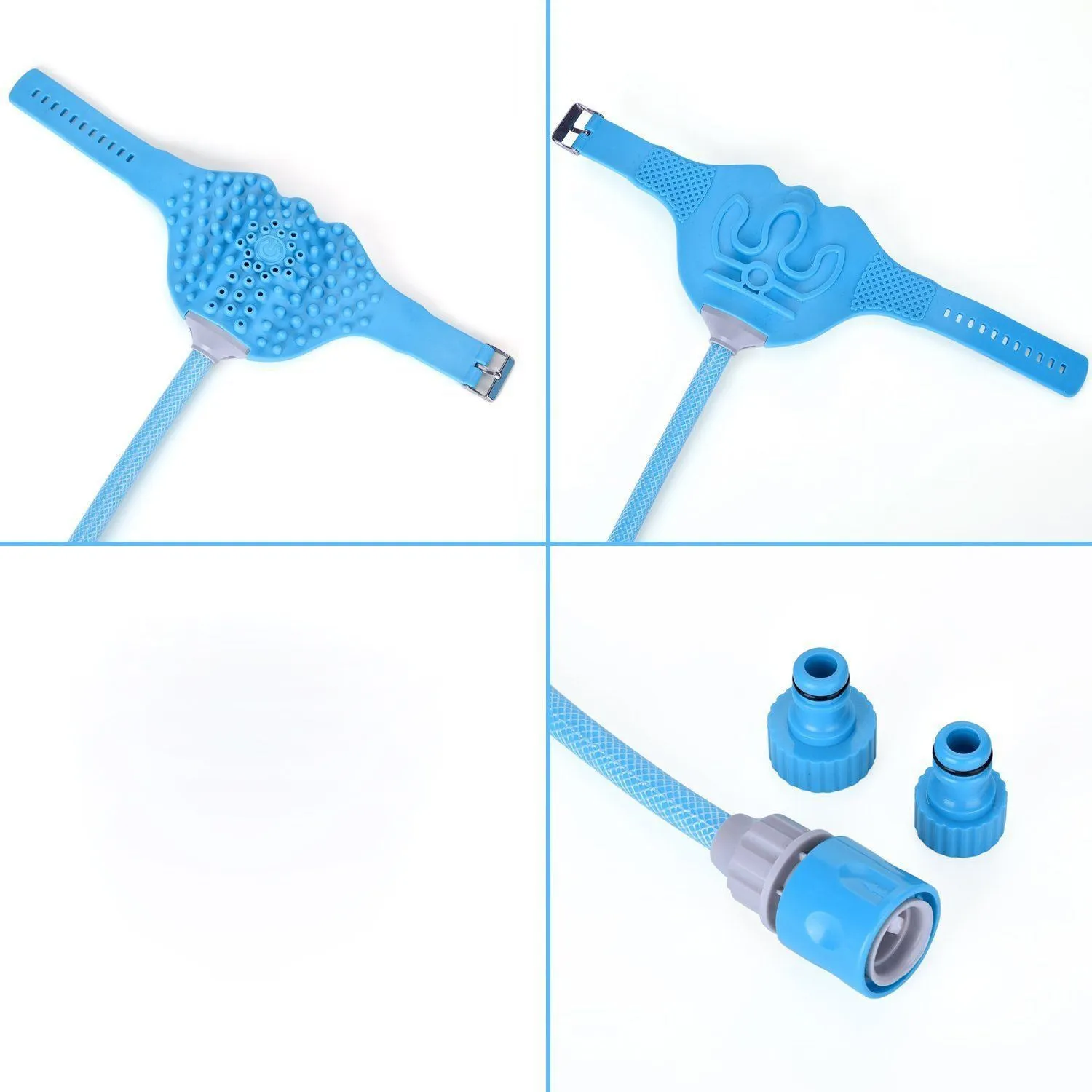 Blue pet bathing massage gloves with one-handed control, 2.5m PVC hose, and adapters for shower or garden hose