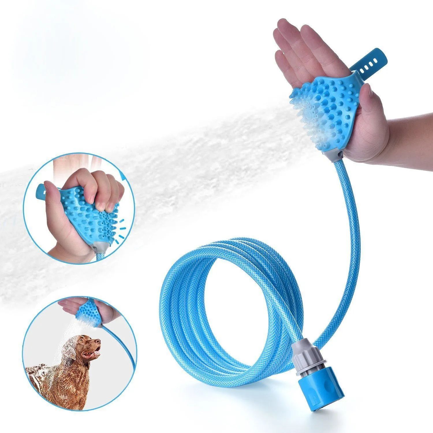 Blue pet bathing massage gloves with one-handed control, 2.5m PVC hose, and adapters for shower or garden hose
