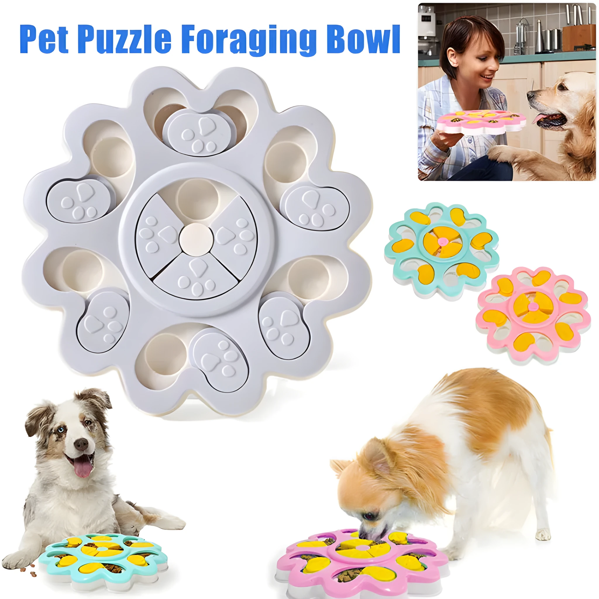 Blue dog treat-dispensing puzzle toy made of ABS plastic, 25cm size, on a light background