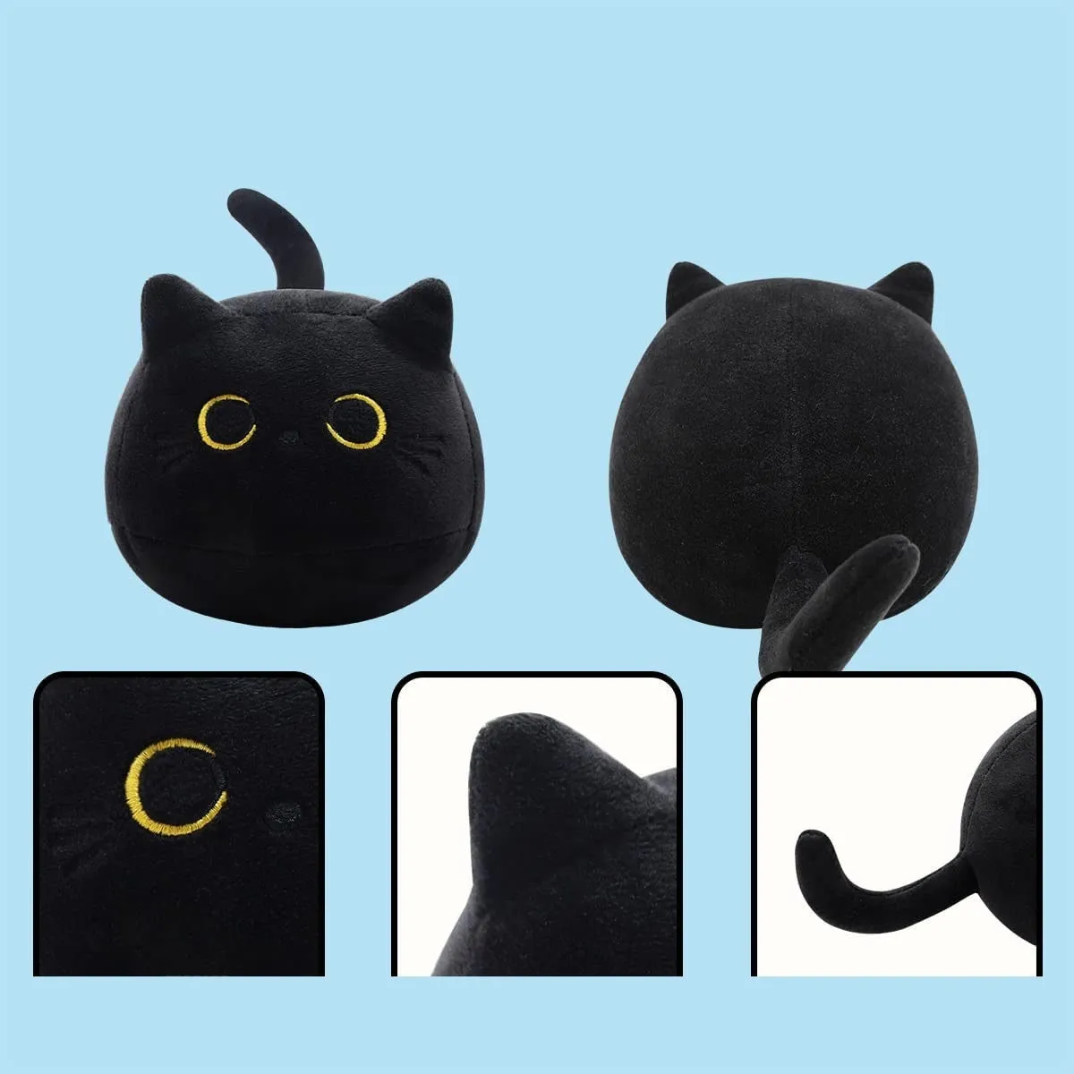 Fluffy black cat plush toy stuffed animal pillow cushion on a neutral background