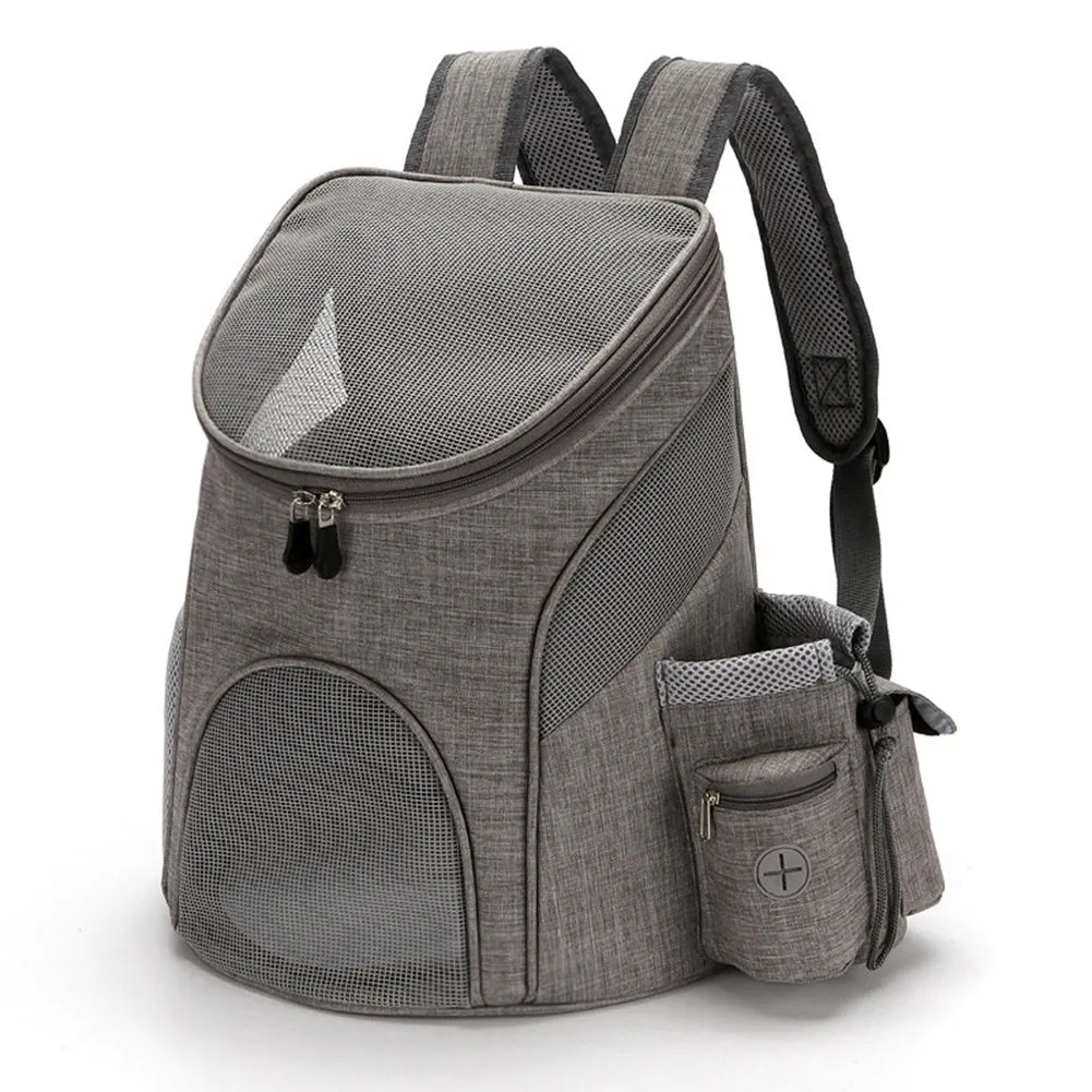 Foldable nylon mesh pet backpack in grey with adjustable shoulder straps and mesh ventilation panels
