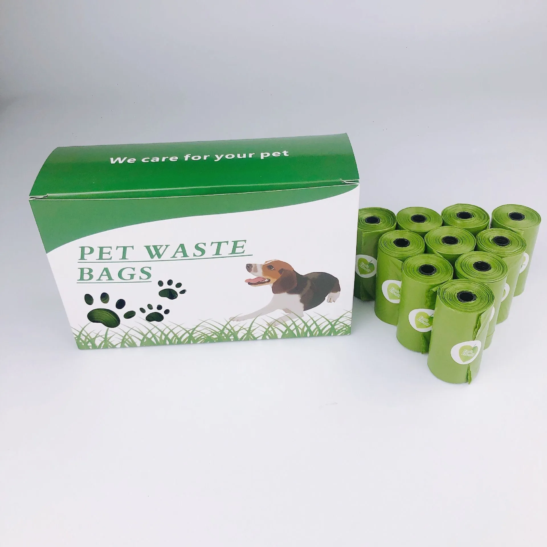 PE degradable pet waste pickup bag flat mouth design 32cm length grass green roll packaging