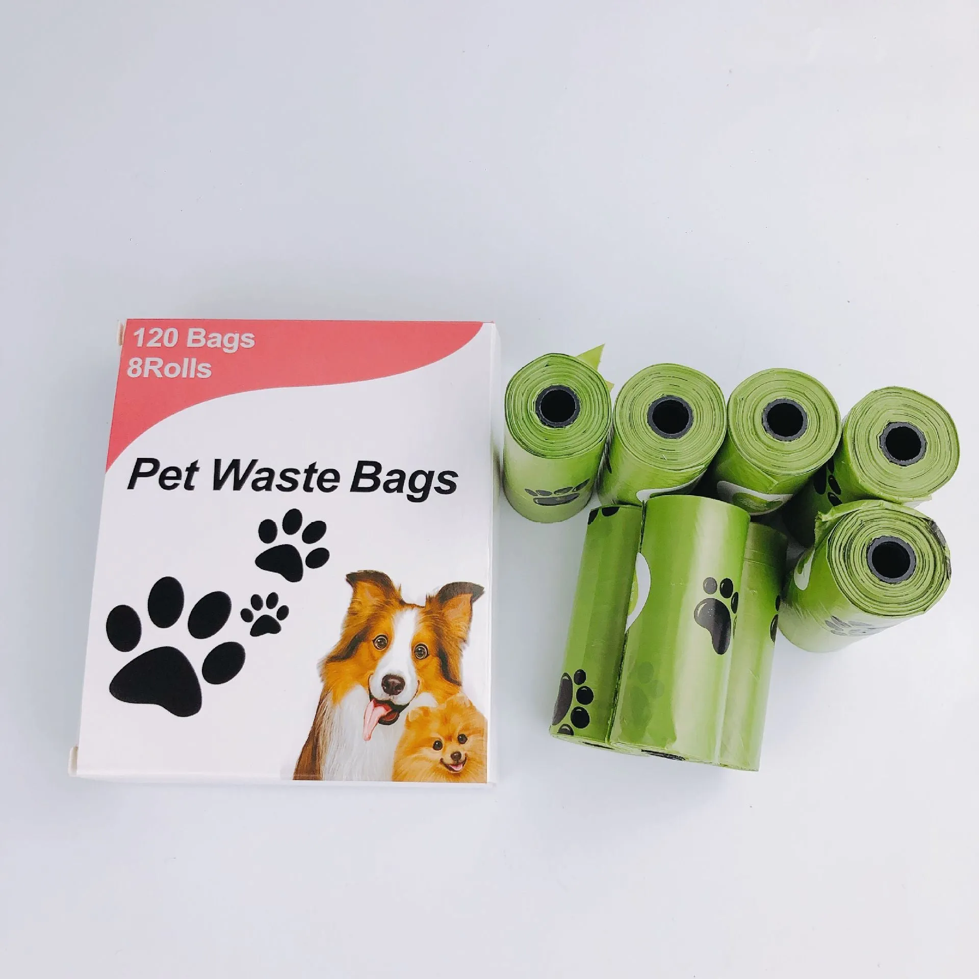 PE degradable pet waste pickup bag flat mouth design 32cm length grass green roll packaging