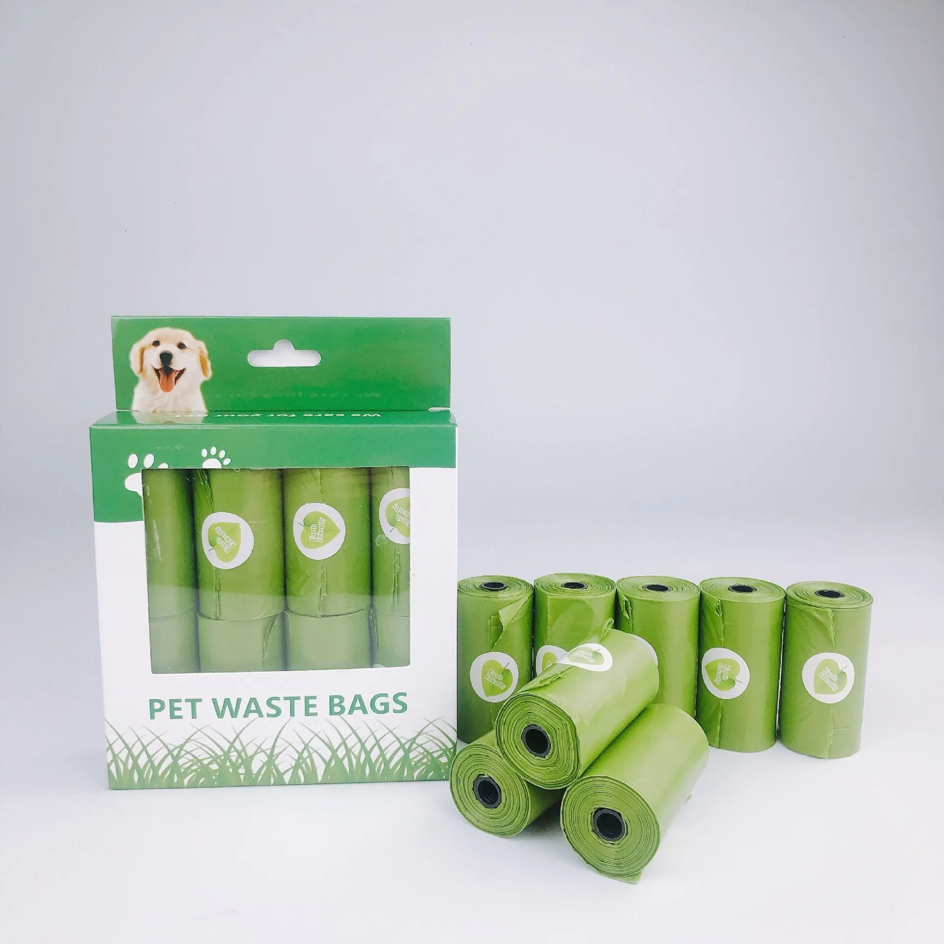PE degradable pet waste pickup bag flat mouth design 32cm length grass green roll packaging
