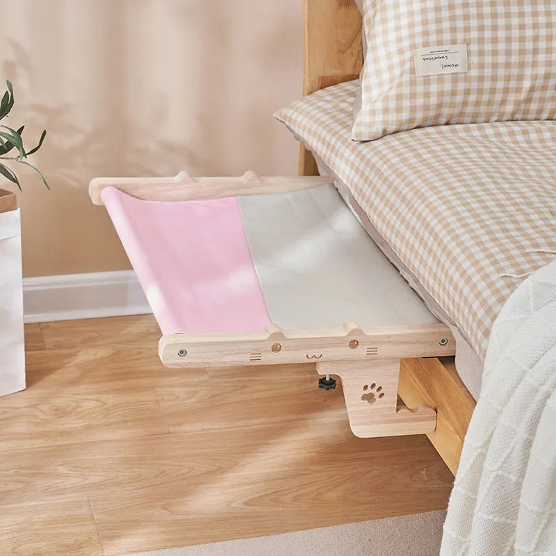 Wooden framed cat hanging hammock bed mounted on a window sill, available in seven style variations.