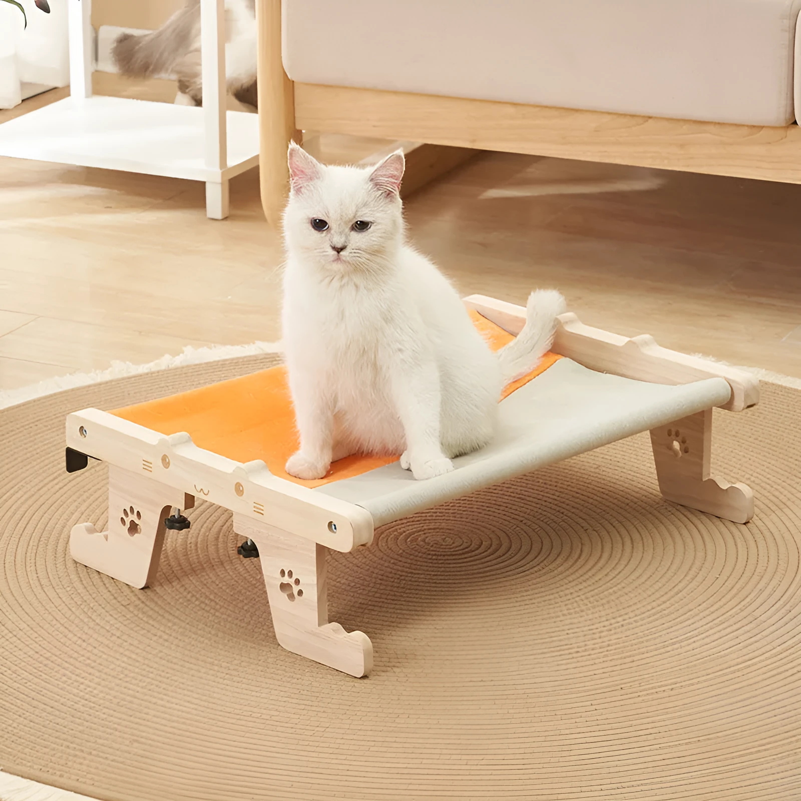 Wooden framed cat hanging hammock bed mounted on a window sill, available in seven style variations.