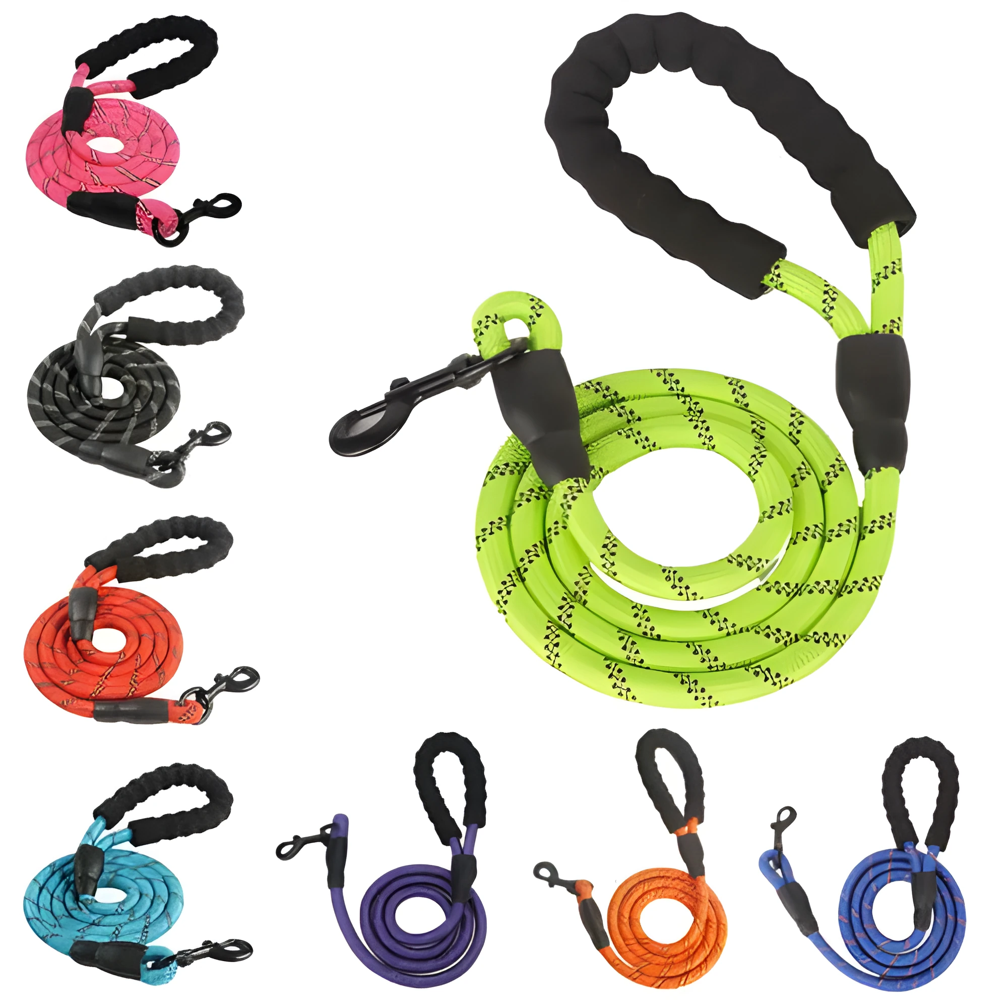 Reflective nylon braided traction rope for dog walking, 1.5m length, blue colour, on white background