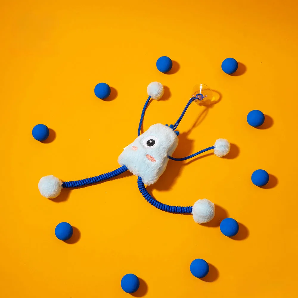 Blue plush ring cat toy with mint bell on an elastic rope