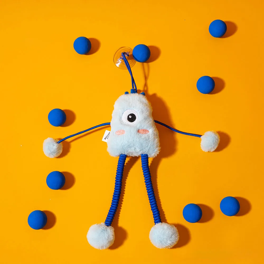 Blue plush ring cat toy with mint bell on an elastic rope
