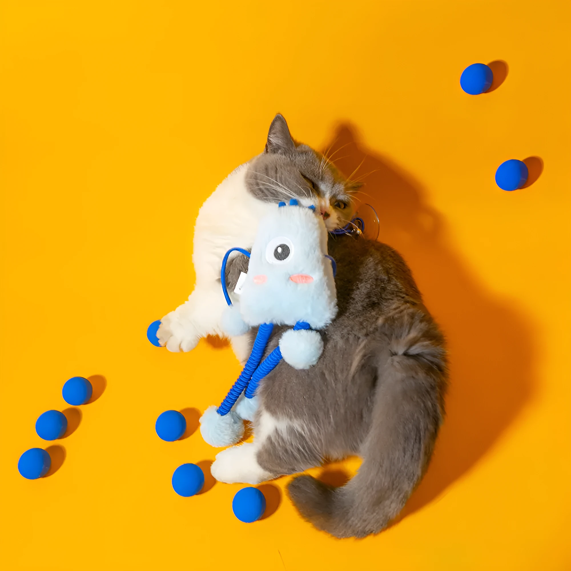 Blue plush ring cat toy with mint bell on an elastic rope
