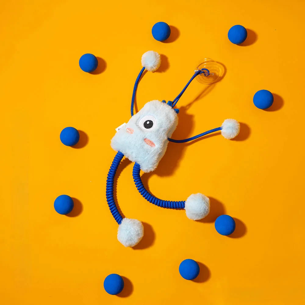 Blue plush ring cat toy with mint bell on an elastic rope