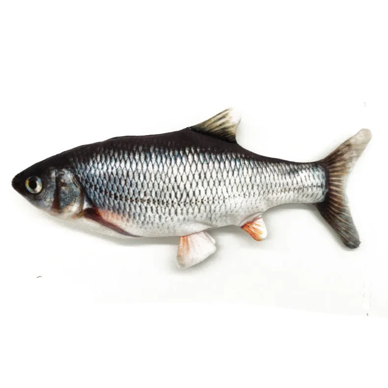 Plush bionic fish cat toy emulating beating fish motion, available in four styles