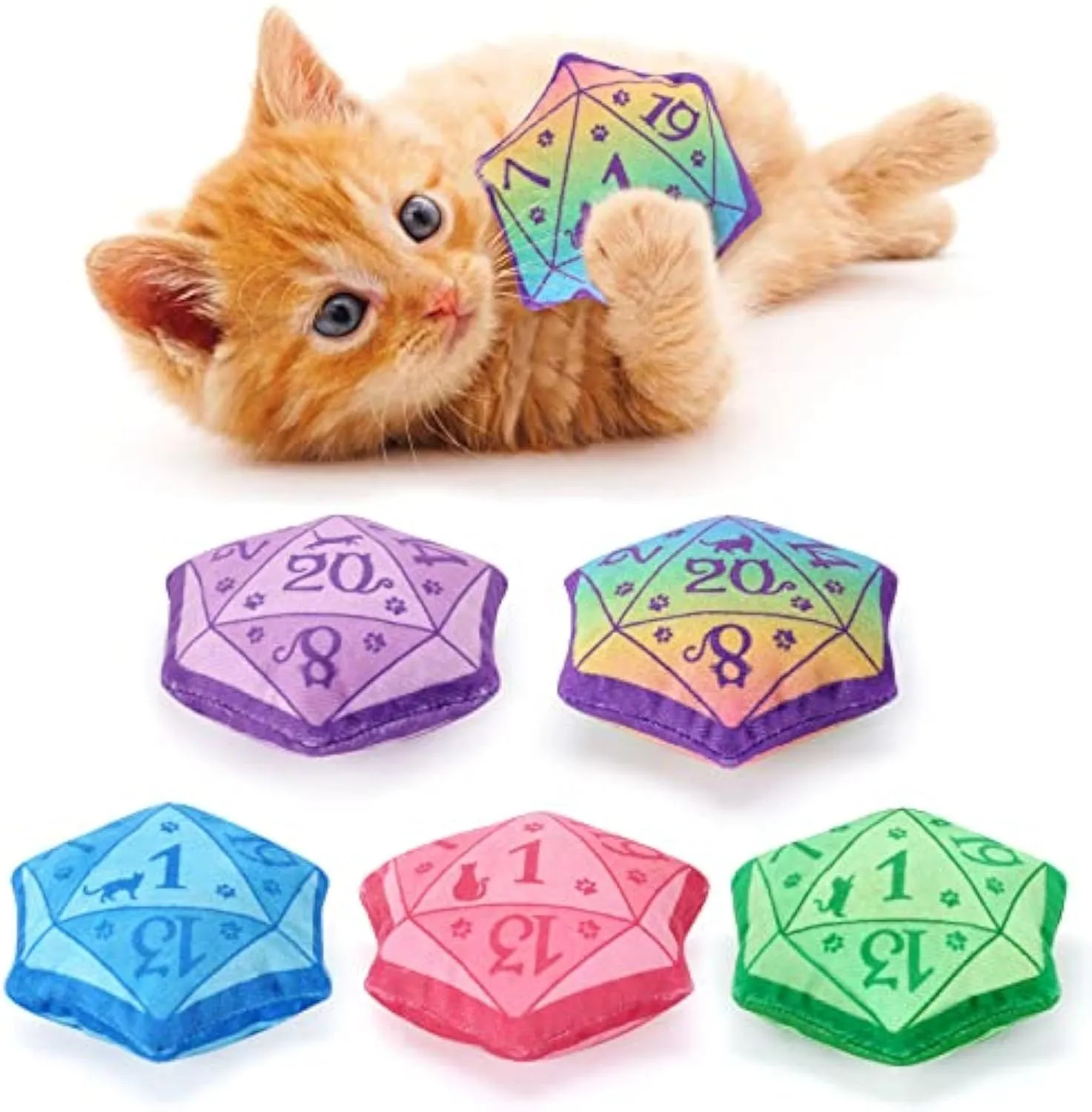 Blue dice-shaped catnip toy with dot markings on cube faces