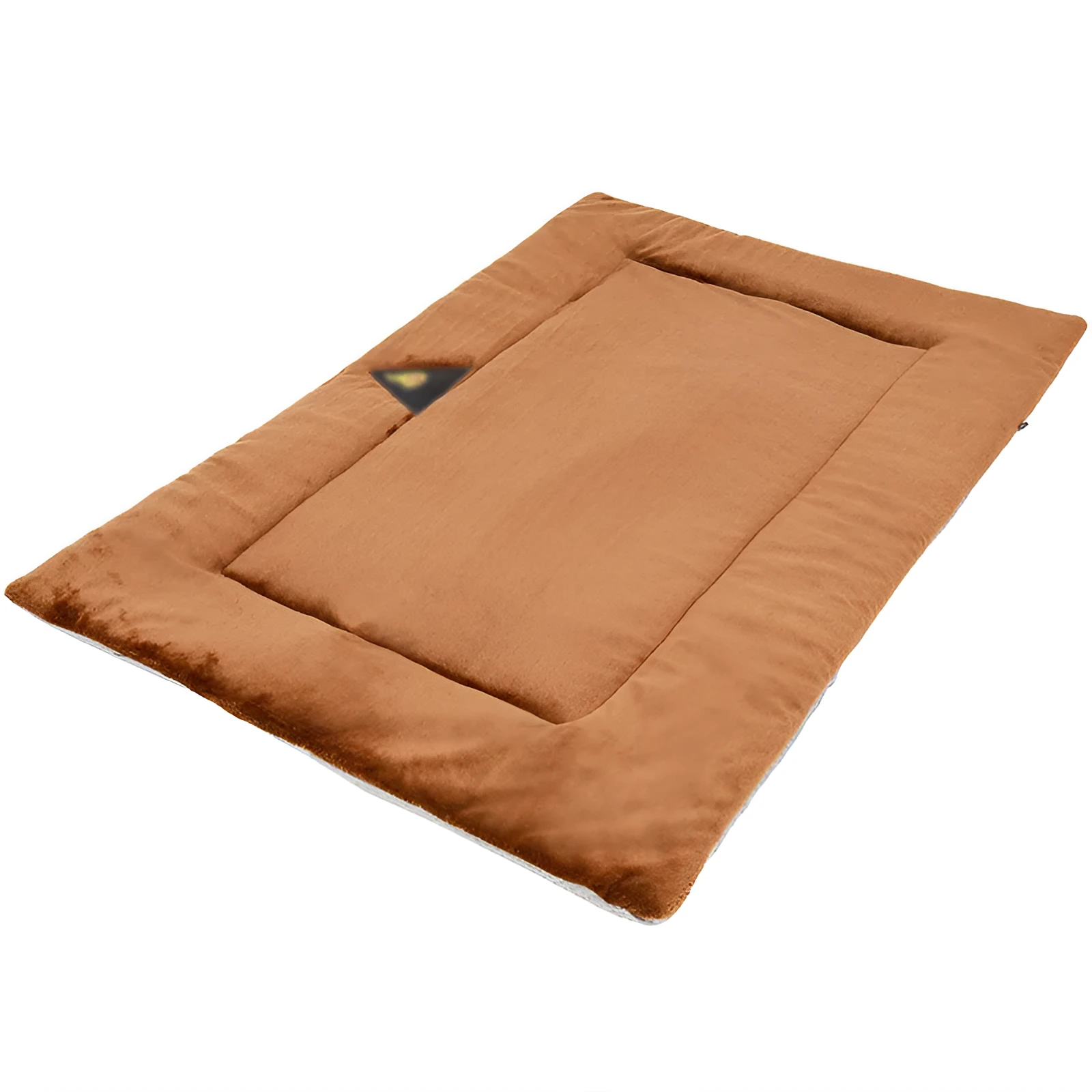 Self-heating pet mat in brown with soft fleece surface and non-slip base on wooden floor