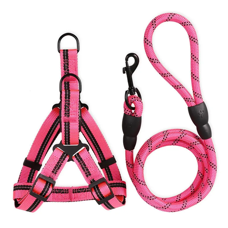 Nylon reflective dog leash with chest back harness in black, for small to medium dogs