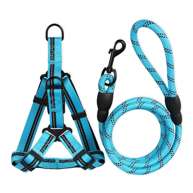 Nylon reflective dog leash with chest back harness in black, for small to medium dogs