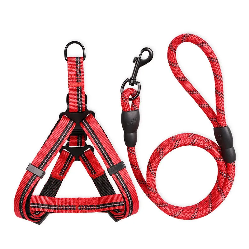 Nylon reflective dog leash with chest back harness in black, for small to medium dogs