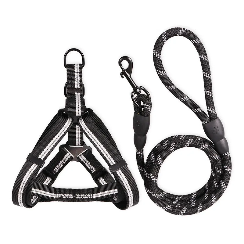 Nylon reflective dog leash with chest back harness in black, for small to medium dogs