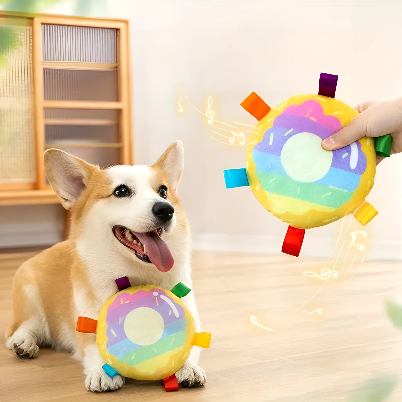 Cartoon plush flying disc dog toy with bite-resistant design for outdoor fetch and training