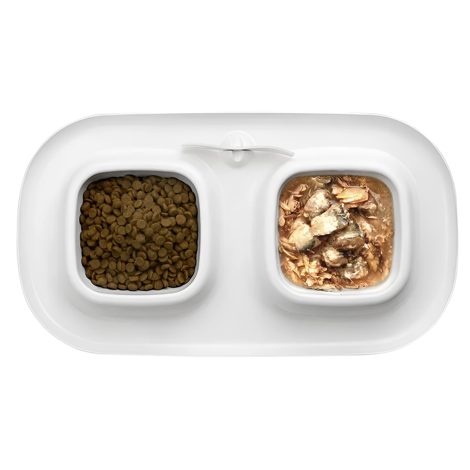 Milky white plastic double pet cat bowl by Cat Le Shi with two separate compartments