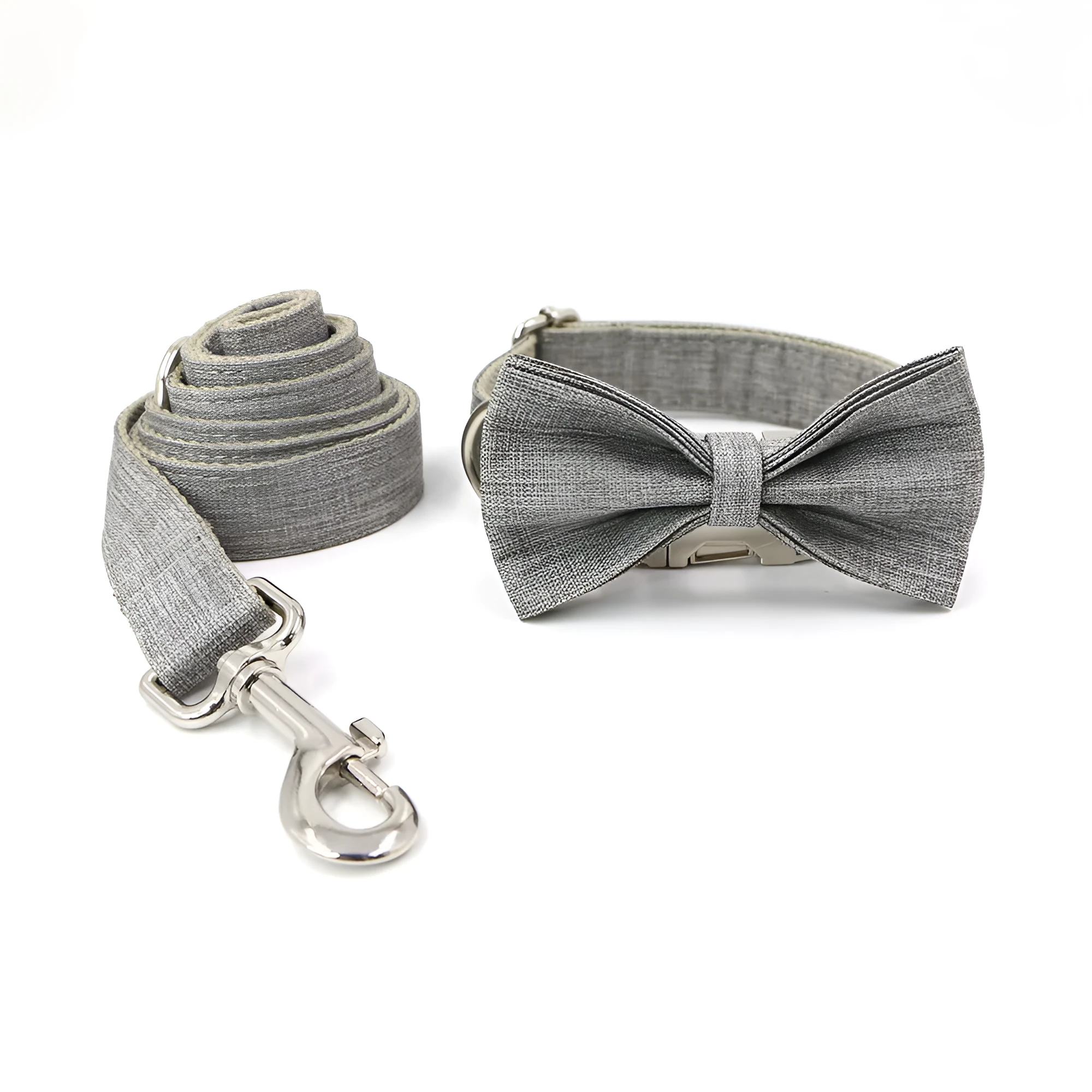 Polyester dog collar and leash set in gentleman gray with bow, five sizes XS to XL for outdoor walking