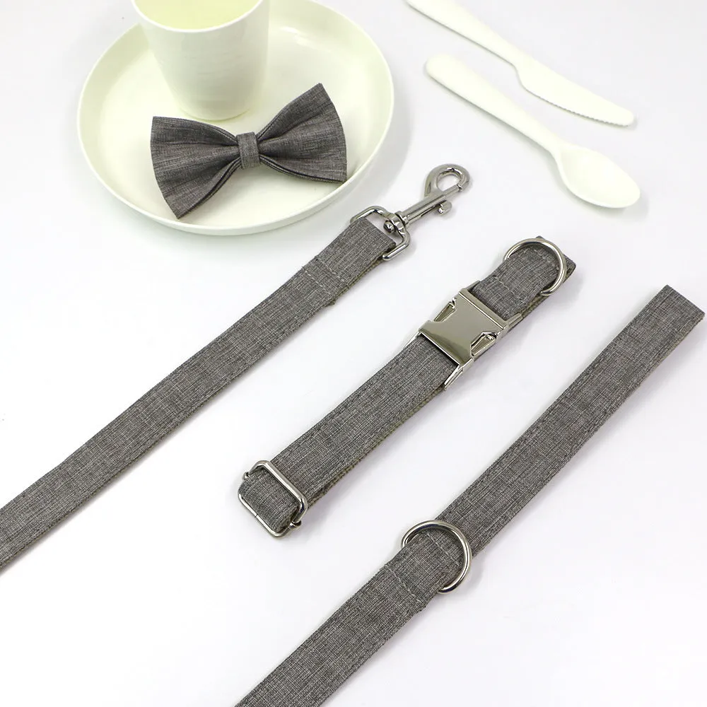 Polyester dog collar and leash set in gentleman gray with bow, five sizes XS to XL for outdoor walking