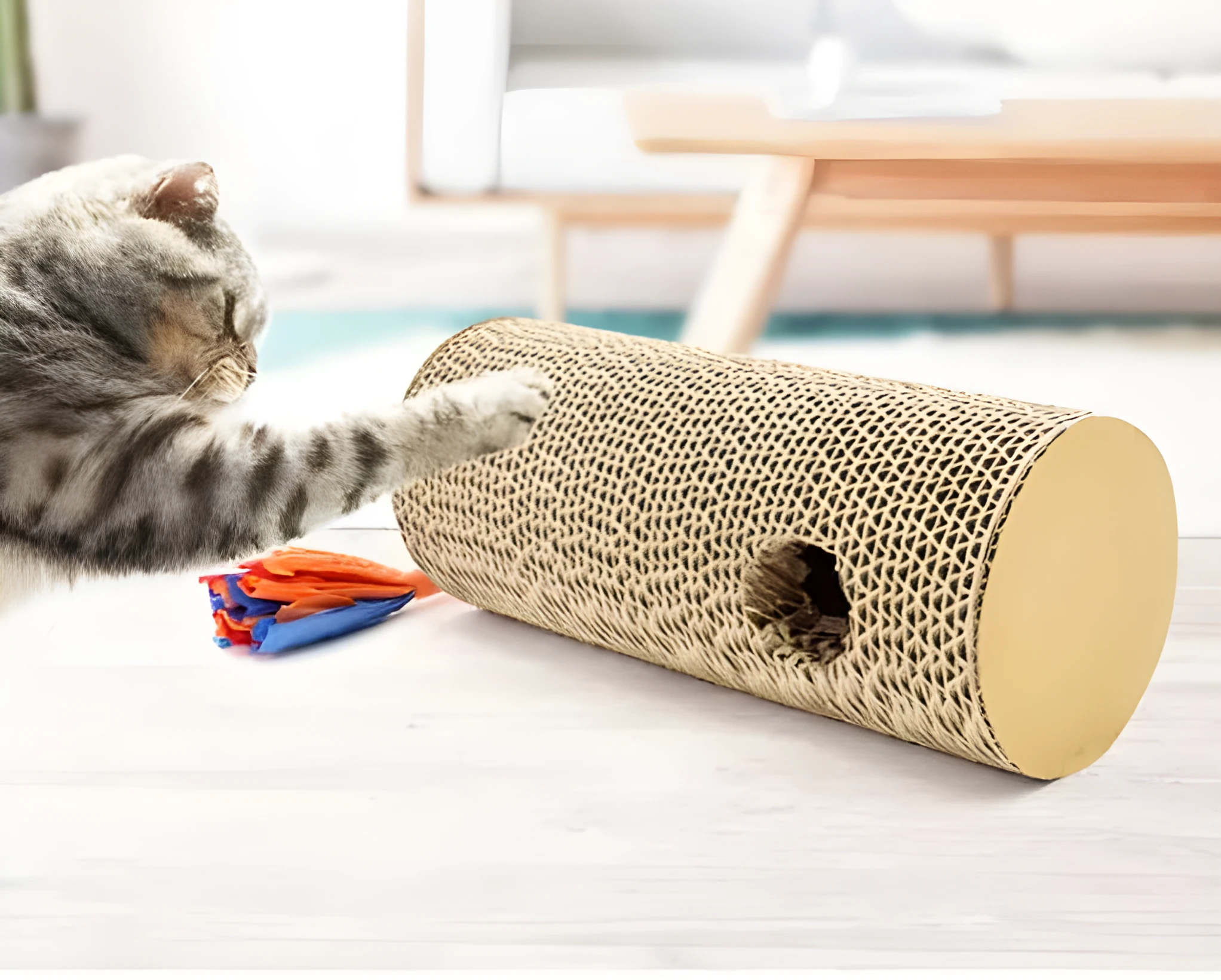 Cat scratching board made from environmental protection corrugated paper in beige and brown, suitable for floor or wall mounting.