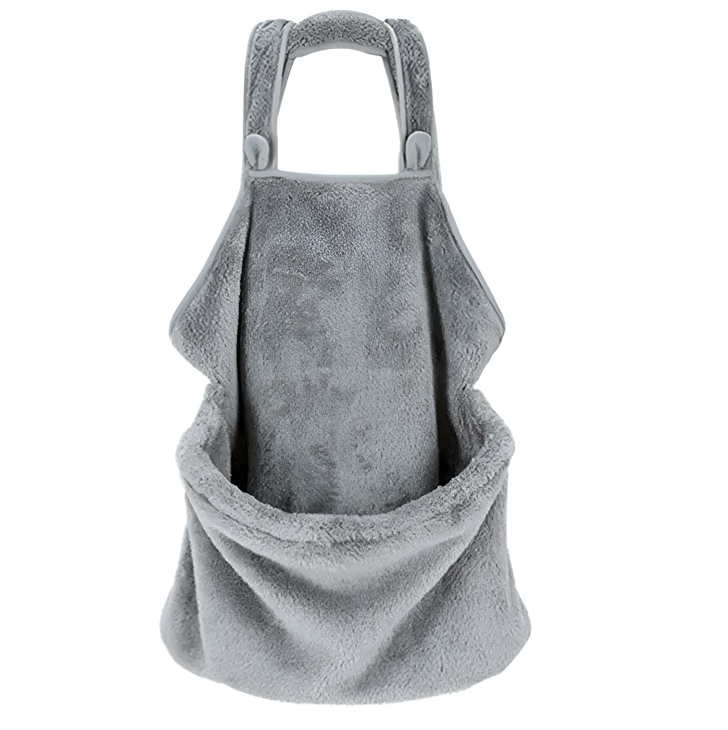 Grey pet out cat carrying bag with sleeping chest apron on a neutral background