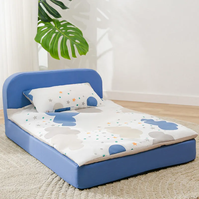 Sponge pet bed with blue starry sky pattern, washable twill peach skin cover, and anti-slip Oxford fabric bottom