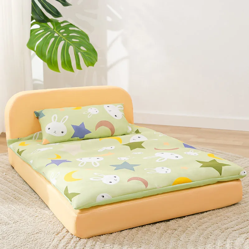 Sponge pet bed with blue starry sky pattern, washable twill peach skin cover, and anti-slip Oxford fabric bottom
