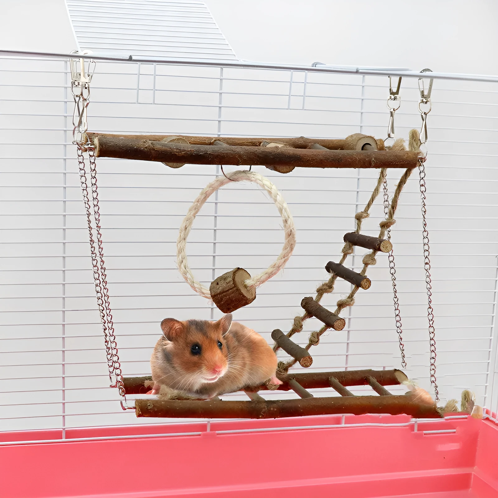 Wooden suspension bridge ladder climbing frame toy for small pets in natural wood colour, size 27x8x23cm