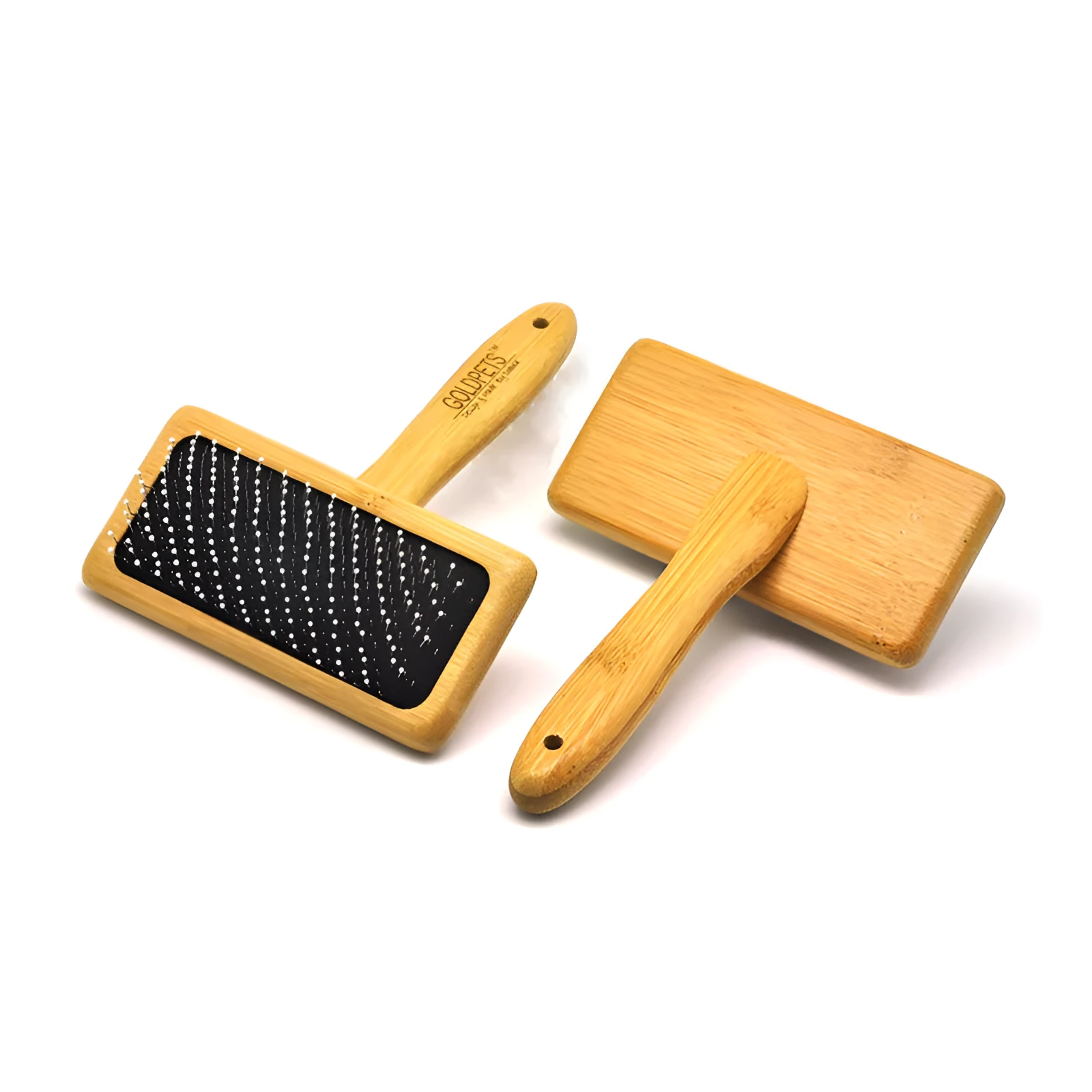 Pet grooming bamboo wood air cushion needle comb with original bamboo colour handle and steel pins on a clean background