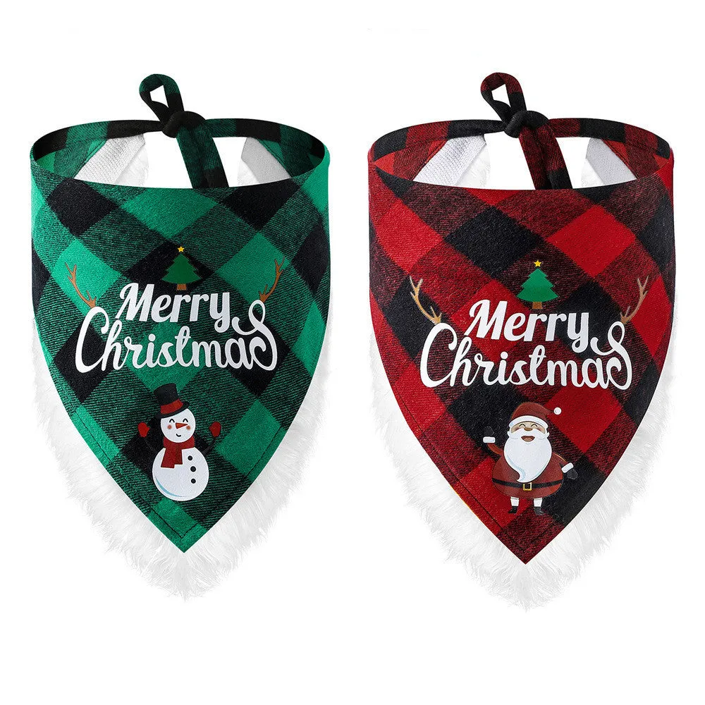 Lace Christmas dog scarf plaid cotton twill weave red green size L pet bandana