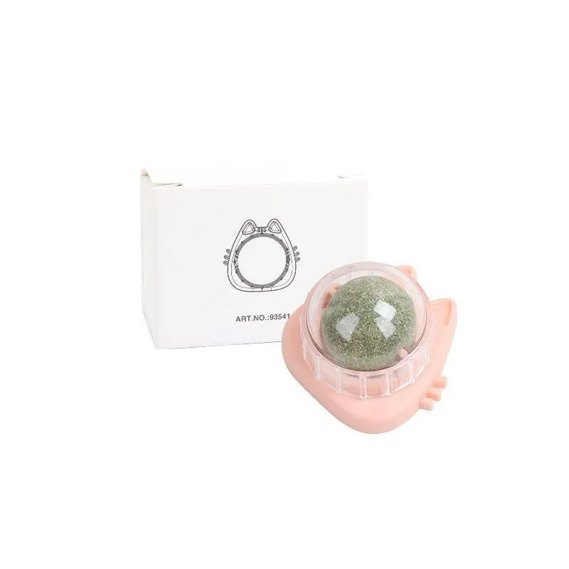 Colourful rotating catnip ball wall toy with edible mint material in cat face shape